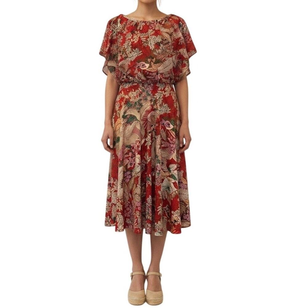 Vintage 70s Handmade Red Tropical Botanical Flutter Sleeve Midi Dress